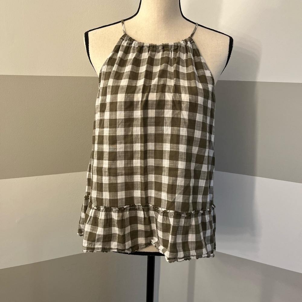 Anthropologie Cloth & Stone Gingham green ivory tie halter top blouse si…